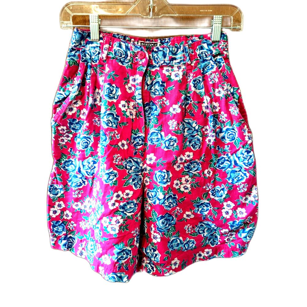 Vintage 80s Mom Shorts High Waist Pleated Barbiecore Pink Blue Floral Sz 4
